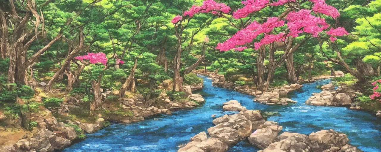 Image similar to a river running through a medieval village, summer, beautiful colors, japanese traditional art, award winning