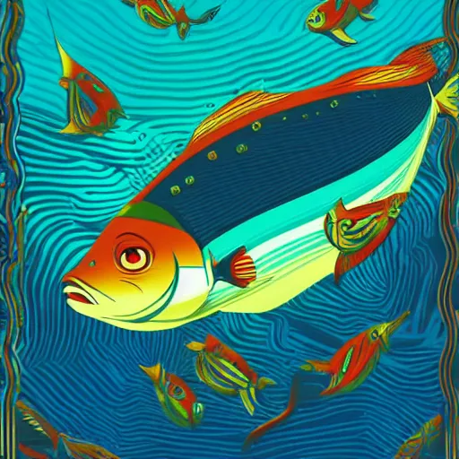 Image similar to one stylized fish with saturated colors viewed in profile in the dark ocean filled with complex sparkles and patterns, artstation, intricate, realistic, highly detailed, digital painting, concept art, sharp focus, illustration by tom whalen and charles williams and kilian eng and james jean