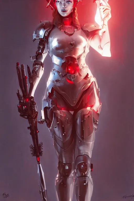Prompt: Portrait of beautiful pale smiling cyborg maiden in bikini armor with crown of thorns and glowing red eyes, cyberpunc, Warhammer 40000, digital art from artstation by Ruan Jia and Mandy Jurgens and Artgerm and william-adolphe bouguereau