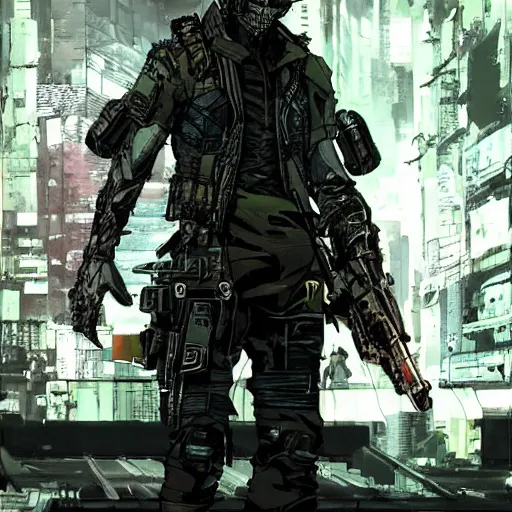 Image similar to a post-apocalyptic cyberpunk grimdark martial artist in the style of leonard boyarsky in the style of Yoji Shinkawa detailed realistic HD 8k High Resolution