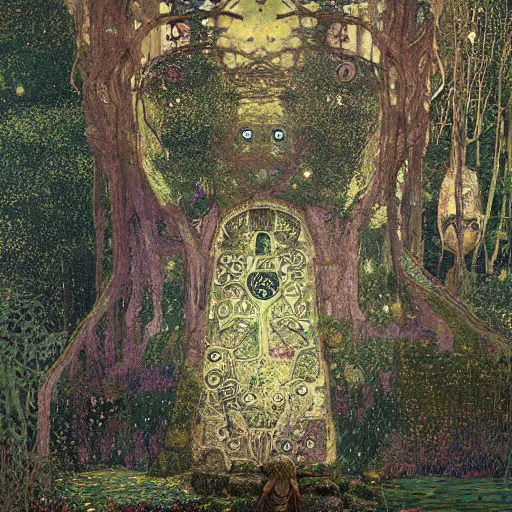 Image similar to ancient overgrown! ruins, medieval gates, runestones, mysetrious etherial mesmerizing runic!!, eyes, magical elven geometry, concept art by gustav klimt!, deviantart contest winner, environmental art, high detail, resembling the ace of swords tarot card by greg rutkowski