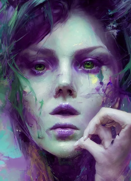 Prompt: purple and green colors, beautiful painting by jeremy mann, a female witch absurdly beautiful, elegant, ultrafine hyperrealistic detailed face illustration by wlop and artgerm and greg rutkowski, intricate linework, sharp focus, smooth, octopath traveler, final fantasy, unreal engine, dramatic lighting, ethereal, 8 k