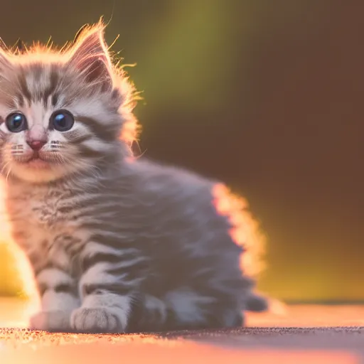 Image similar to an adorable smol fluffy kitten at golden hour, bokeh,