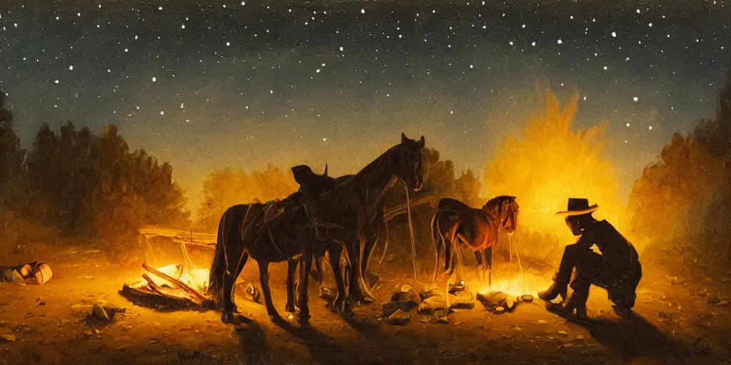 Prompt: in the old west, at a campfire at night, close up portrait of one sleeping bandit ( ( alone ) and wide shot of one young boy ( ( alone ) ) watches the stars and his horse grazes, in the style of fredrick remington, oil painting, warm color palate, astral