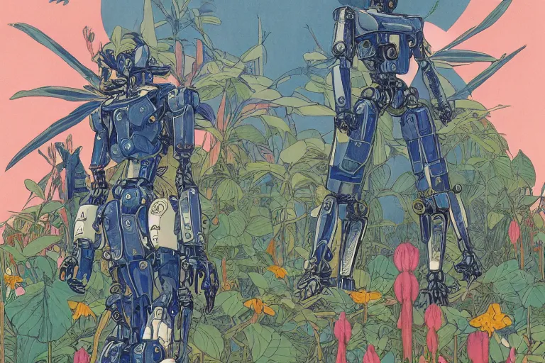 Prompt: most blues, evangelionic illustration, gigantic girl head, a lot of exotic vegetation, trees, tremendous mecha robot, flowers, oldschool vintage sci - fi flat surreal design, super - detailed, 2 d gouache painting by moebius and satoshi kon, hd, 4 k, high quality