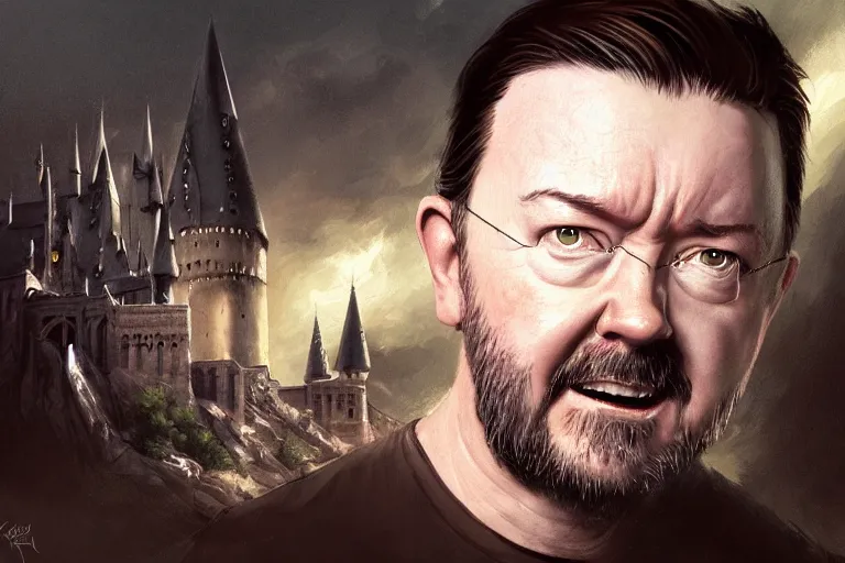 Image similar to closeup portrait of a ricky gervais as a wizard, harry potter, dramatic light, gorgeous view, depth, high detail, digital art, painted by greg rutkowski and seb mckinnon, by jk rowling, trending on artstation