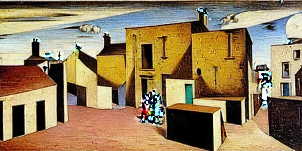 Image similar to a painting of street life in kirkwall, orkney, people,houses, by Giorgio de Chirico