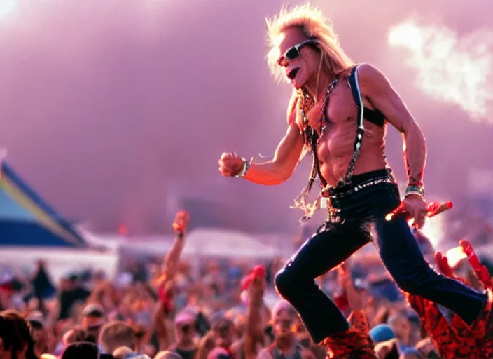 Image similar to photo still of david lee roth at the woodstock 9 9!!!!!!!! at age 3 6 years old 3 6 years of age!!!!!!!! on stage in spandex, 8 k, 8 5 mm f 1. 8, studio lighting, rim light, right side key light