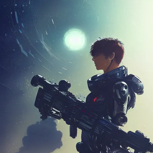 Image similar to award winning, extremely photorealistic, bokeh, beautiful detail, stars in the sky, cybernetic, sci-fi space game art, jeon Jungkook holding a gun. alien planet art by Akihito Yoshitomi AND Yoji Shinkawa AND Greg Rutkowski, Mark Arian trending on artstation