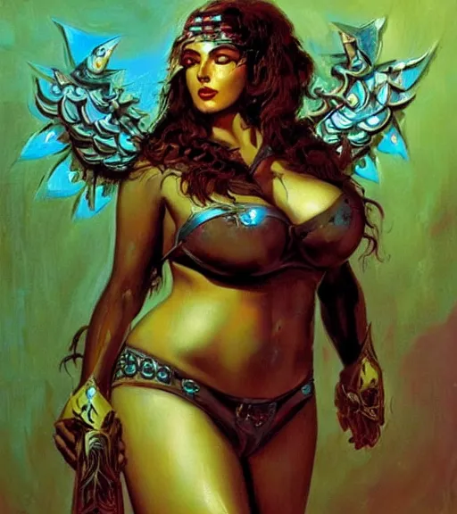 Prompt: portrait of plus size iranian female chaos angel, beautiful! coherent! by frank frazetta, by brom, strong line, vivid neon color, shining metal power armor, iron helm, high contrast, maximalist