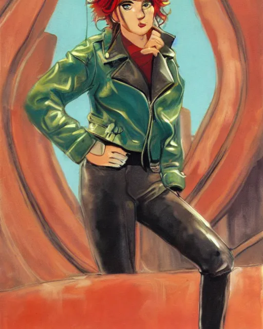 Image similar to young female protagonist in leather jacket, city street, artwork by ralph bakshi