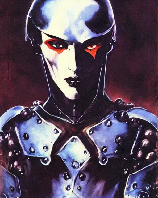 Image similar to portrait of an androgynous skinny bauhaus goth sorcerer wearing armor by simon bisley, john blance, frank frazetta, fantasy
