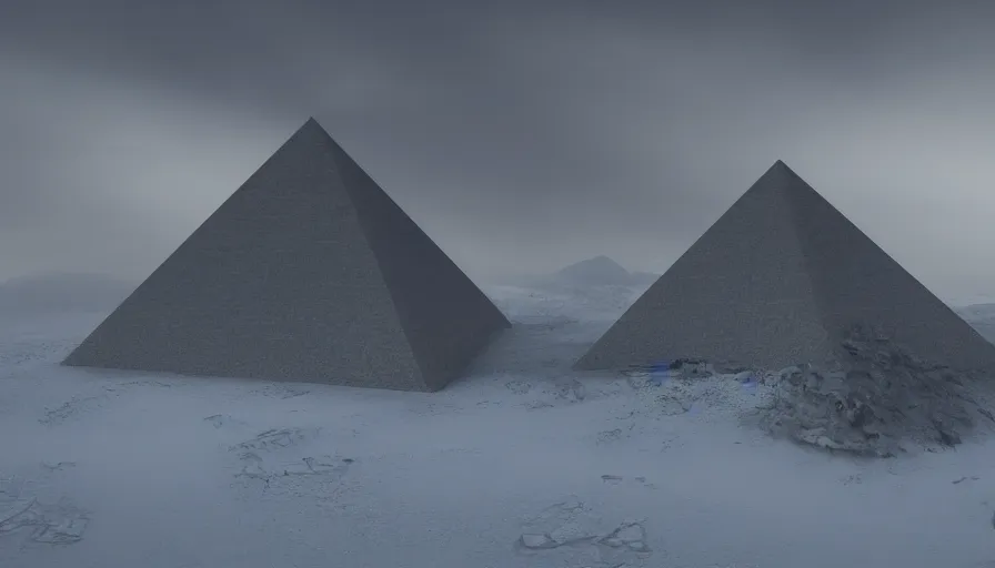 Image similar to brutalist grey pyramid in edge of artic mountains snow hills in the distance, volumetric light, storm, hyperdetailed, artstation, cgsociety, 8 k