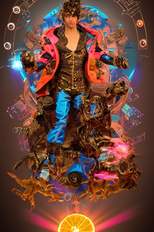 Image similar to full-body rococo and cyberpunk style sculpture of a young handsome Spanish prince half android with a chest exposing a glowing orange gem, glowing pink laser eyes, crown of blue gears and giant diamonds, swirling salmon-colored silk fabric, robotic raptors dinosaurs. baroque elements. full-length view. intricate artwork by caravaggio. Trending on artstation, octane render, cinematic lighting from the right, hyper realism, octane render, 8k, depth of field, 3D