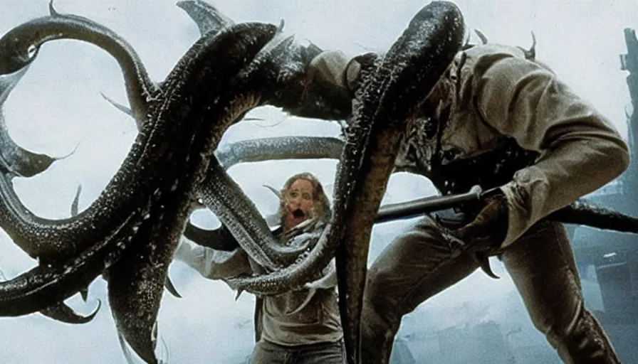 Image similar to big budget movie about a giant squid armed with machine guns going on a rampage