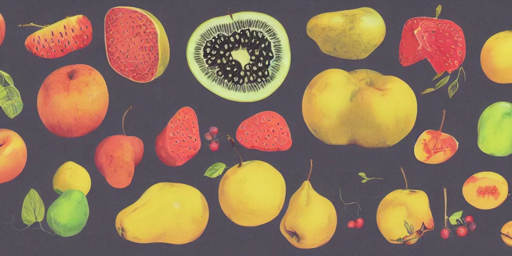 Image similar to full color page scan of various vintage imaginal fruit illustrations on black background, in matte painting, 2 d, kitbash, 4 k