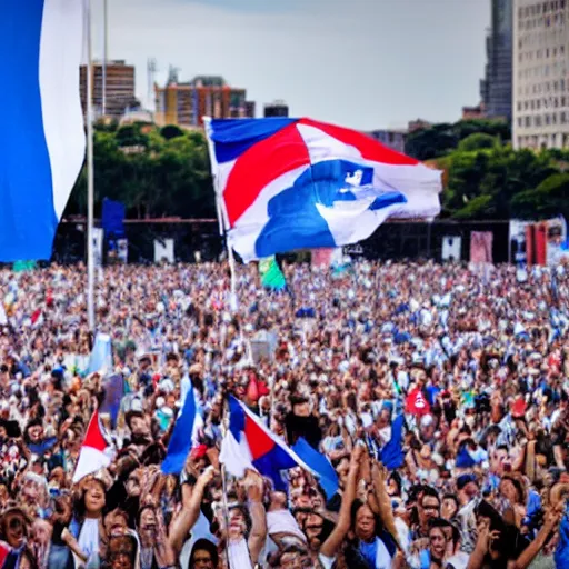 Image similar to Lady Gaga as president, Argentina presidential rally, Argentine flags behind, bokeh, giving a speech, detailed face, Argentina