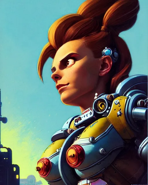 Image similar to brigitte from overwatch, character portrait, portrait, close up, concept art, intricate details, highly detailed, vintage sci - fi poster, retro future, in the style of chris foss, rodger dean, moebius, michael whelan, and gustave dore