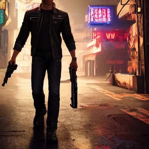 Image similar to a detailed full bodied 3 d render of an extremely handsome jensen ackles as the terminator walking down a dark alley in cyberpunk 2 0 7 7, holding two glowing winchester revolvers, volumetric lighting, octane render, 8 k, art by greg rutkowski and albert bierstadt and alphones mucha