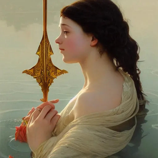 Prompt: portrait of the lady of the lake rising from the water holding excalibur, intricate, elegant, highly detailed, digital painting, artstation, concept art, smooth, sharp focus, illustration, art by artgerm and greg rutkowski and alphonse mucha and william - adolphe bouguereau