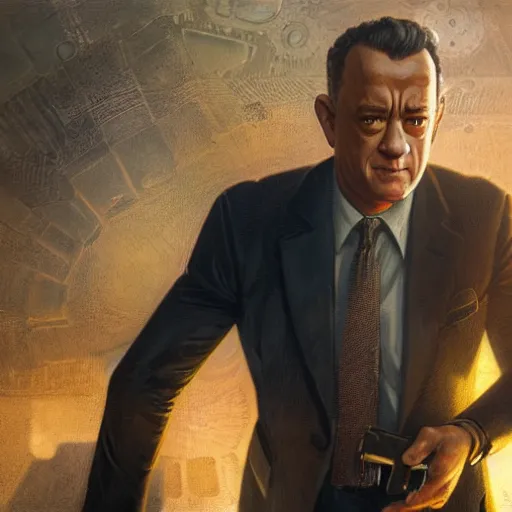 Image similar to a highly detailed matte portrait of tom hanks as a secret agent, epic fantasy, god rays, ultrawide lens, aerial photography, unreal engine, exquisite detail, 8 k, art by greg rutkowski and alphonse mucha