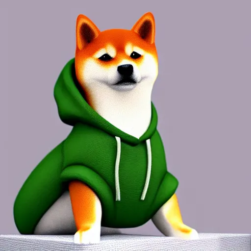 Prompt: a Shiba Inu wearing a green hoodie sitting on a couch, photo, trending on artstation, HDR, nicely detailed, 8k