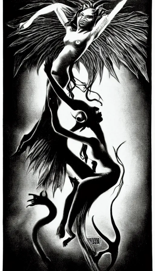 Image similar to manananggal, eerie silver engraving, high contrast
