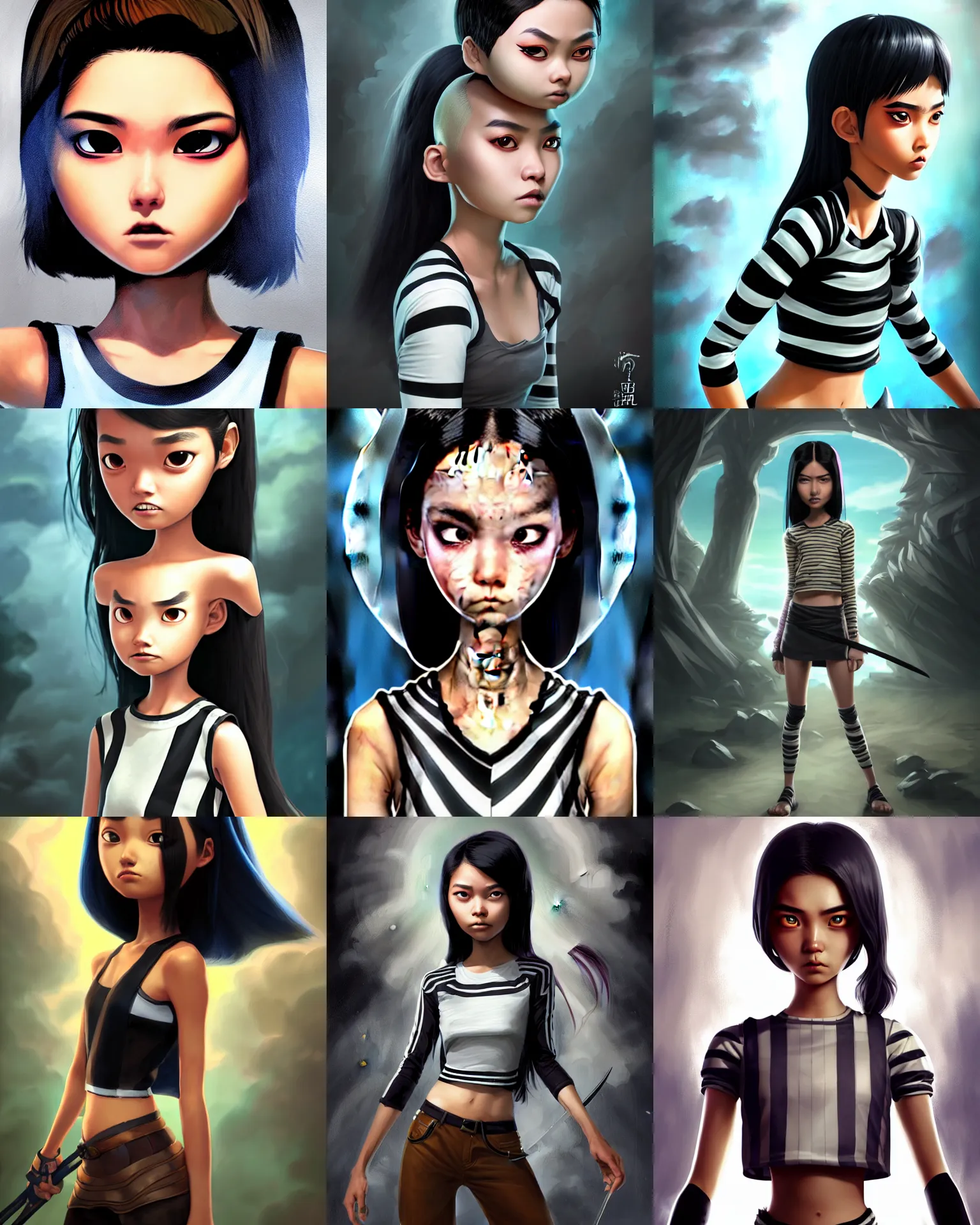 Prompt: an epic fantasy comic book style portrait painting of a young malaysian woman, expressive, dark piercing eyes, tomboy, flat face, pouting, tan skin, beautiful futuristic hair style, tank top with black and white stripes, long sleeves, bare midriff, awesome pose, character design by mark ryden and pixar and hayao miyazaki, unreal 5