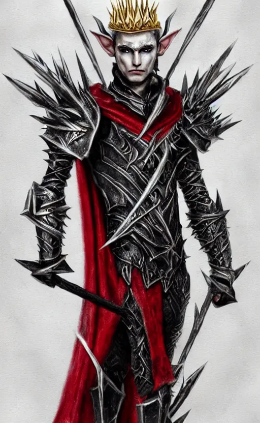 Image similar to A portrait of a male elf, 20 years old, short silver hair, red eyes, wearing a spiked black metal crown, black heavy armor with gold trim, and a red cape, lean but muscular, attractive, command presence, royalty, weathered face, smooth, sharp focus, illustration, concept art, highly detailed portrait, muscle definition, fantasy painting, ArtStation, ArtStation HQ