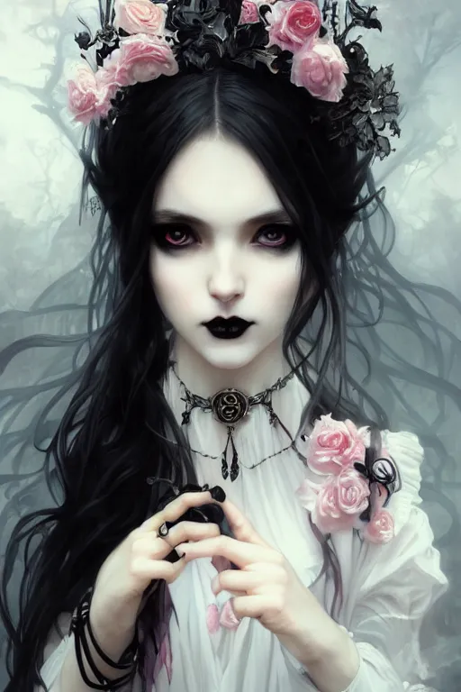 Prompt: portrait of radical lolita girl, dreamy and ethereal and dark, dark eyes, smiling expression, ornate goth dress, dark fantasy, chaotic, elegant, black crows flying, highly detailed, digital painting, artstation, concept art, smooth, sharp focus, illustration, art by artgerm and greg rutkowski and alphonse mucha