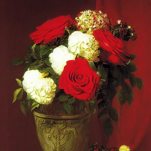 Prompt: bouquet of flowers, red and black roses, intricate details, thomas cole