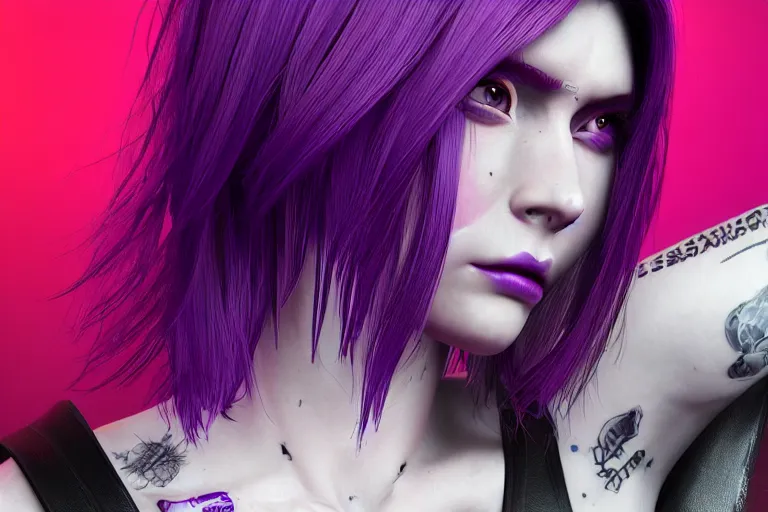 Prompt: feminine cyberpunk hottie with white french bob style hair and body tattooed solid purple, highly detailed, octane render, attractive, artstation, 16k, smooth, sharp focus, trending on ArtStation