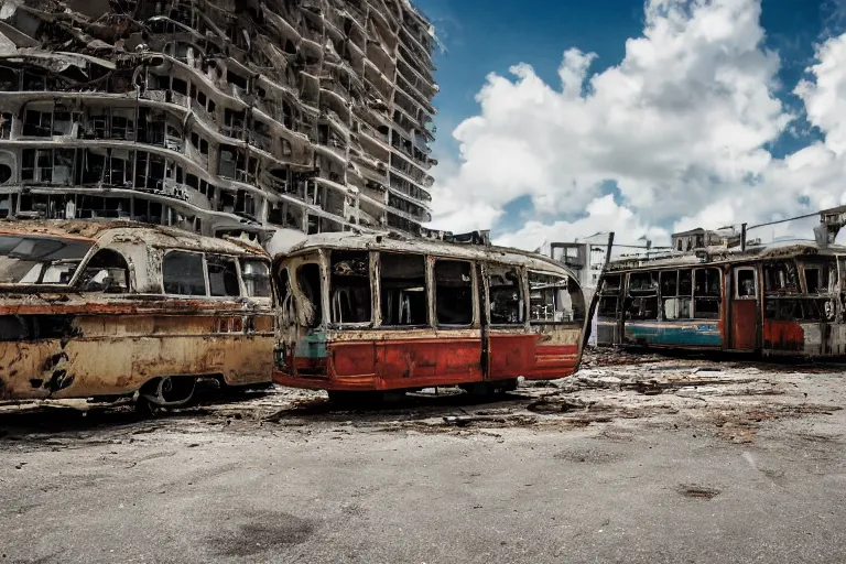 Image similar to wide angle shot of dilapidated fallout 5 miami, tropical coastal city, desolate, dilapidated, just a rusted retro futuristic vintage parked vehicles like cars, buses, trucks, trams, sunny weather, few clouds, volumetric lighting, photorealistic, daytime, spring, sharp focus, ultra detailed, technicolour 1