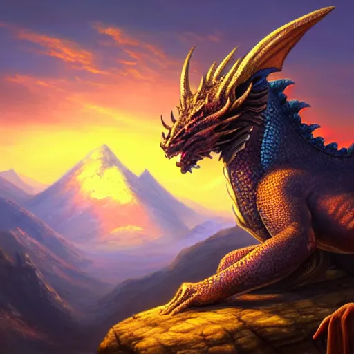 Image similar to an old wise dragon resting on a mountain looking at the sunset, portrait, fantasy, beautiful face, vivid colors, elegant, concept art, sharp focus, digital art, hyper - realistic, 4 k, unreal engine, highly detailed, hd, dramatic lighting by brom, trending on artstation