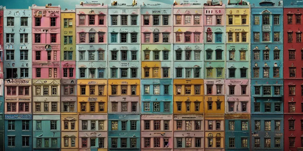 Image similar to a very high resolution image from a new movie, upside - down building, windows, beautiful scenery, photorealistic, photography, directed by wes anderson