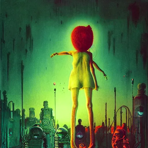 Image similar to the powerpuff girls by beksinski and tristan eaton, dark neon trimmed beautiful dystopian digital art
