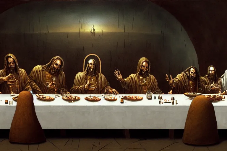 Image similar to painting of tech priests dining at the last supper, adeptus mechanicus!, cybernetic enhancements attached to his body, praise the omnissaiah, zdzislaw beksinski, lewis jones, mattias adolfsson, warhammer 4 0 k!!, cold hue's, warm tone gradient background, concept art, digital painting