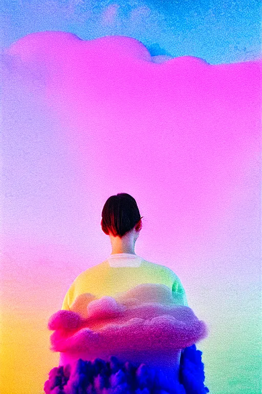 Image similar to high quality pastel coloured film close up wide angle photograph of a model wearing clothing resting on cloud furniture in a icelandic black rock!! environment in a partially haze filled dreamstate world. three point light, rainbow. photographic production. art directed. pastel colours. volumetric clouds. pastel gradient overlay. waves glitch artefacts. extreme facial clarity. 8 k. filmic.