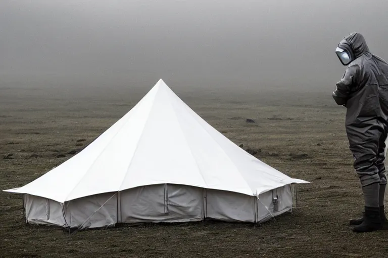 Image similar to man wearing hazmat suit in clean tent. by Roger Deakins