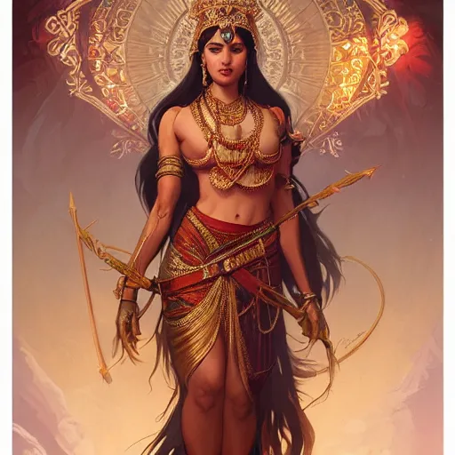 Image similar to a hindu goddess, western, D&D, fantasy, intricate, elegant, highly detailed, digital painting, artstation, concept art, matte, sharp focus, illustration, art by Artgerm and Greg Rutkowski and Alphonse Mucha