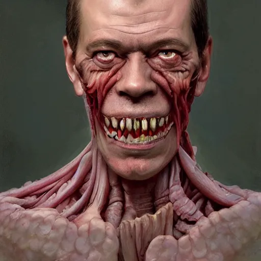 Image similar to a portrait of dmitry medvedev, flesh eating worms, macabre, horror saw teeth, horror rotten teeth, by donato giancola and greg rutkowski and wayne barlow and zdzisław beksinski, realistic face, visible face, digital art, artstation, symmetry