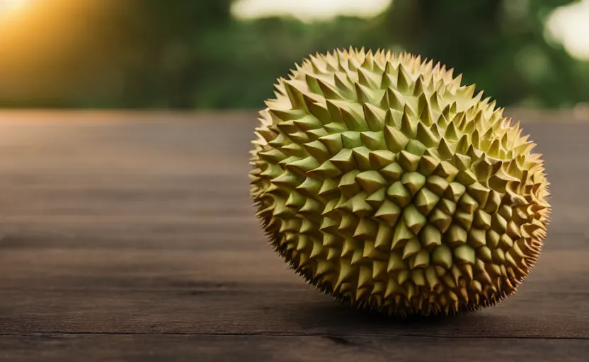 Image similar to a macro photo of a durian on a wooden table at sunrise, hyperrealistic, some trees in the background, dof, octane render, unreal engine 5, trending on artstation, high quality, highly detailed, 8 k, soft lighting, path traced, beautiful, harmonious, complementary colors, serene scene, bloom, godrays, concept art