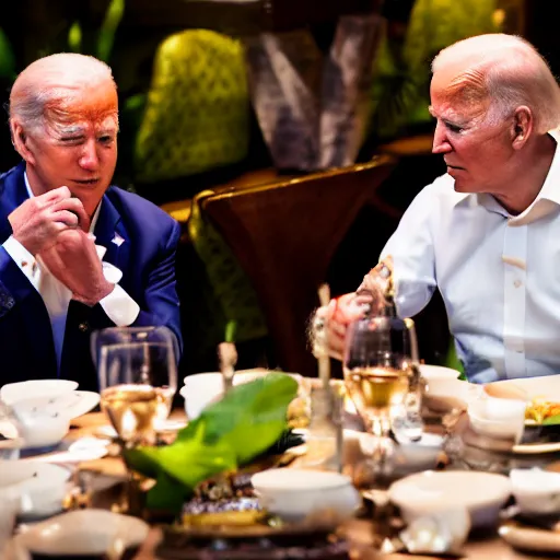 Image similar to Trump and Biden having dinner at a fancy Balinese restaurant, award winning photography, sigma 85mm Lens F/1.4, blurred background, perfect faces