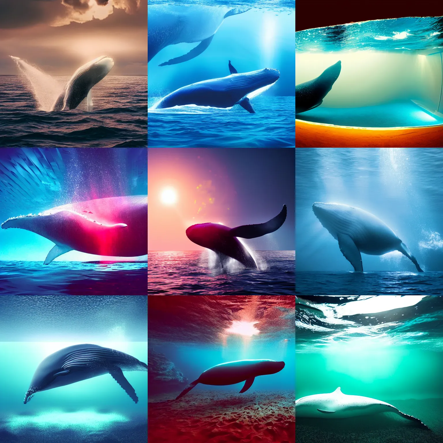 Prompt: a huge whale with flourescent skin is swimming in underwater ocean, epic, cinematic shot, volumetric light, atmosphere, high definition