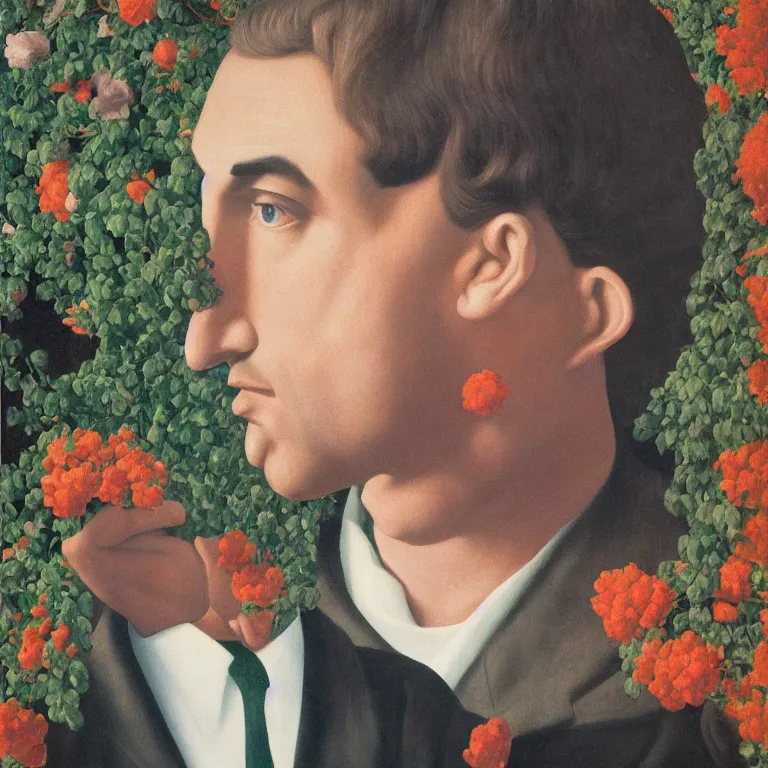 Image similar to portrait of a man, beautiful flowers replaced his head, by rene magritte, detailed painting, hd, hq, high resolution, high detail, 4 k, 8 k