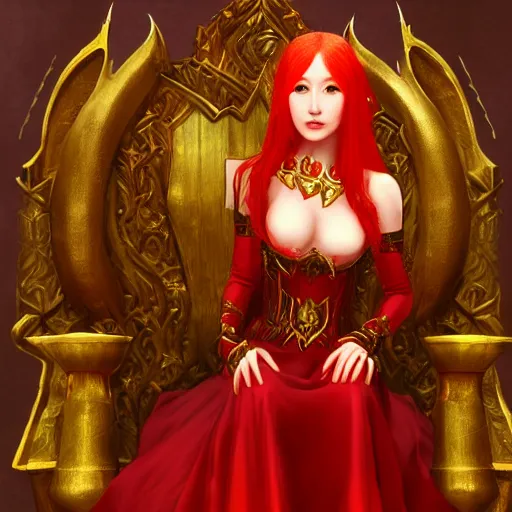 Image similar to Portrait of a red-haired beautiful elven queen in red, gold and green dress sitting on a throne. In style of Hyung-tae Kim, concept art, trending on ArtStation, Korean MMORPG.