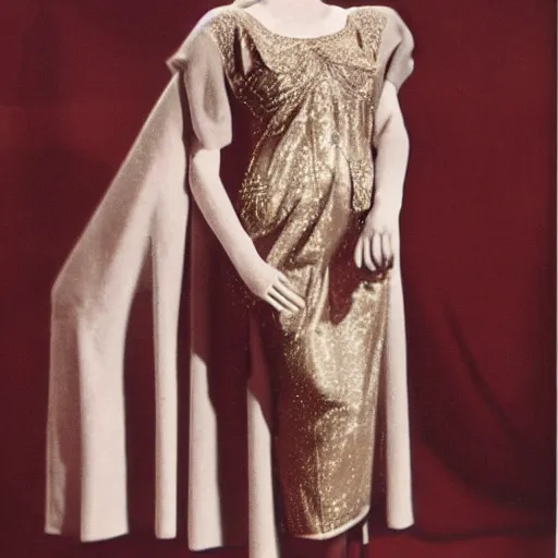 Image similar to a vintage 1 9 4 0 s kodachrome photograph of a avent - gard fashion haute couture collection winter traveling outfit ensemble inspired by the greek muse, erato.