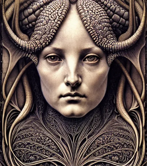 Image similar to detailed realistic beautiful horned goddess face portrait by jean delville, gustave dore, iris van herpen and marco mazzoni, art forms of nature by ernst haeckel, art nouveau, symbolist, visionary, gothic, neo - gothic, pre - raphaelite, fractal lace, intricate alien botanicals, biodiversity, surreality, hyperdetailed ultrasharp octane render