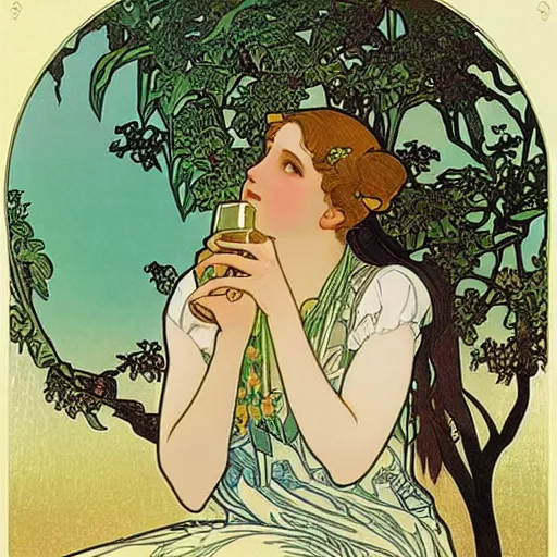 Image similar to “ girl drinking a beer under a tree, art nouveau, very detailed, gold leaf, plants, illustration by alphonse mucha ”