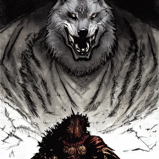 Image similar to king of the wolves. human king. Dungeon scene. By Travis Charest, James Gurney, and Ashley Wood. dramatic lighting. Magic the gathering. digital painting.